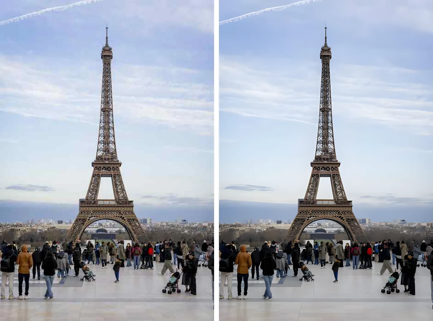A compressed photo before and after enhancement
