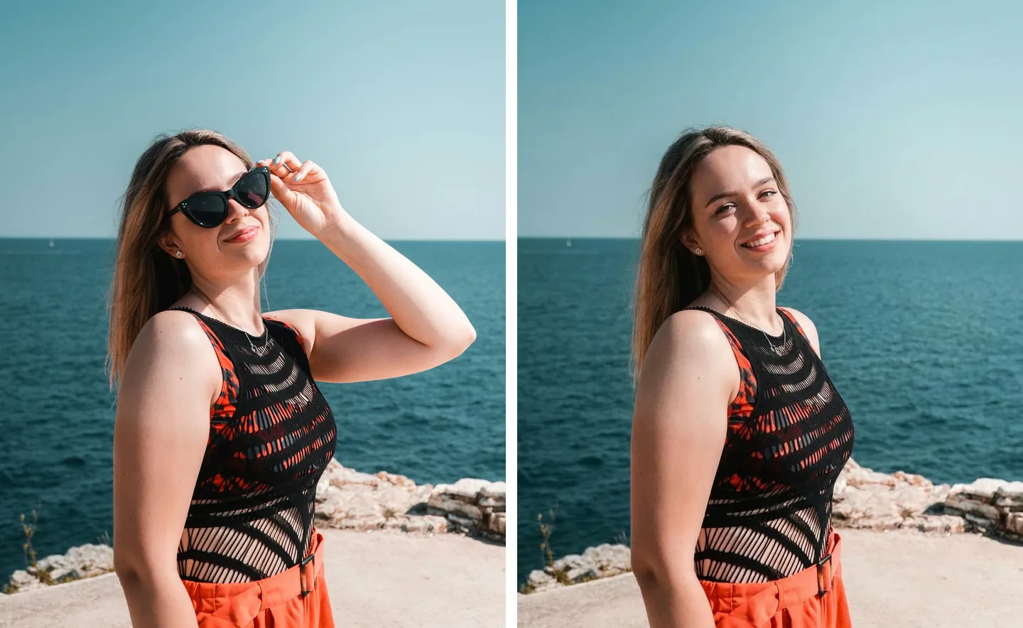 Seaside portrait before and after removing sunglasses from the face